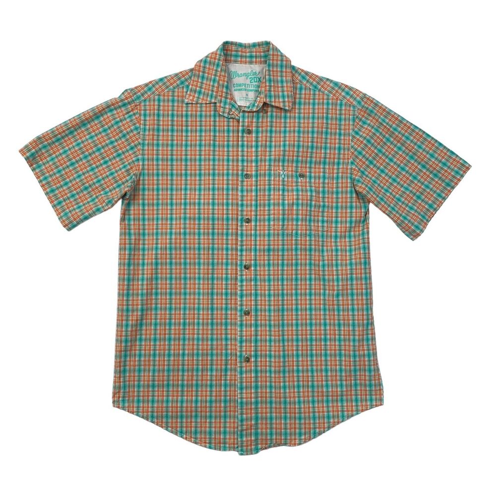 Wrangler Shirt Mens M Medium Kale Orange Plaid Advanced Comfort Stretch Cotton
